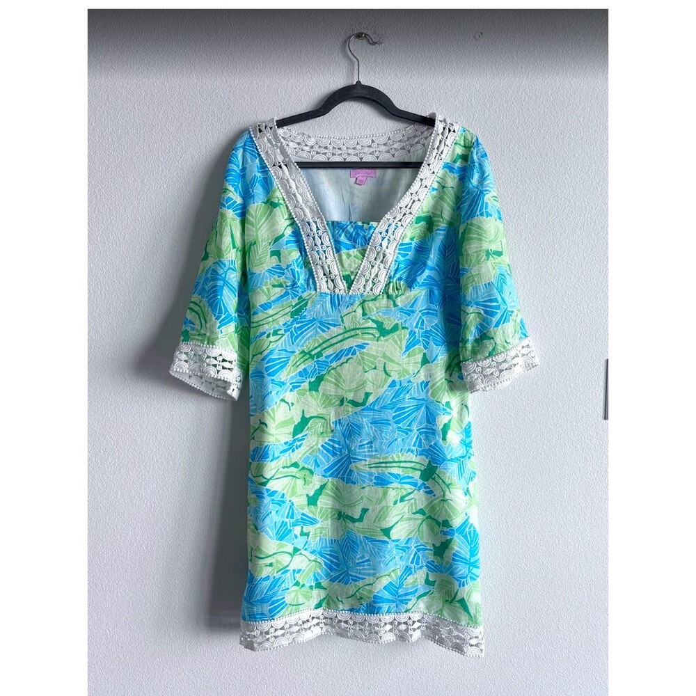 Lilly Pulitzer Sherman Linen Tunic Dress Gator Patch Floral Size S Green Blue